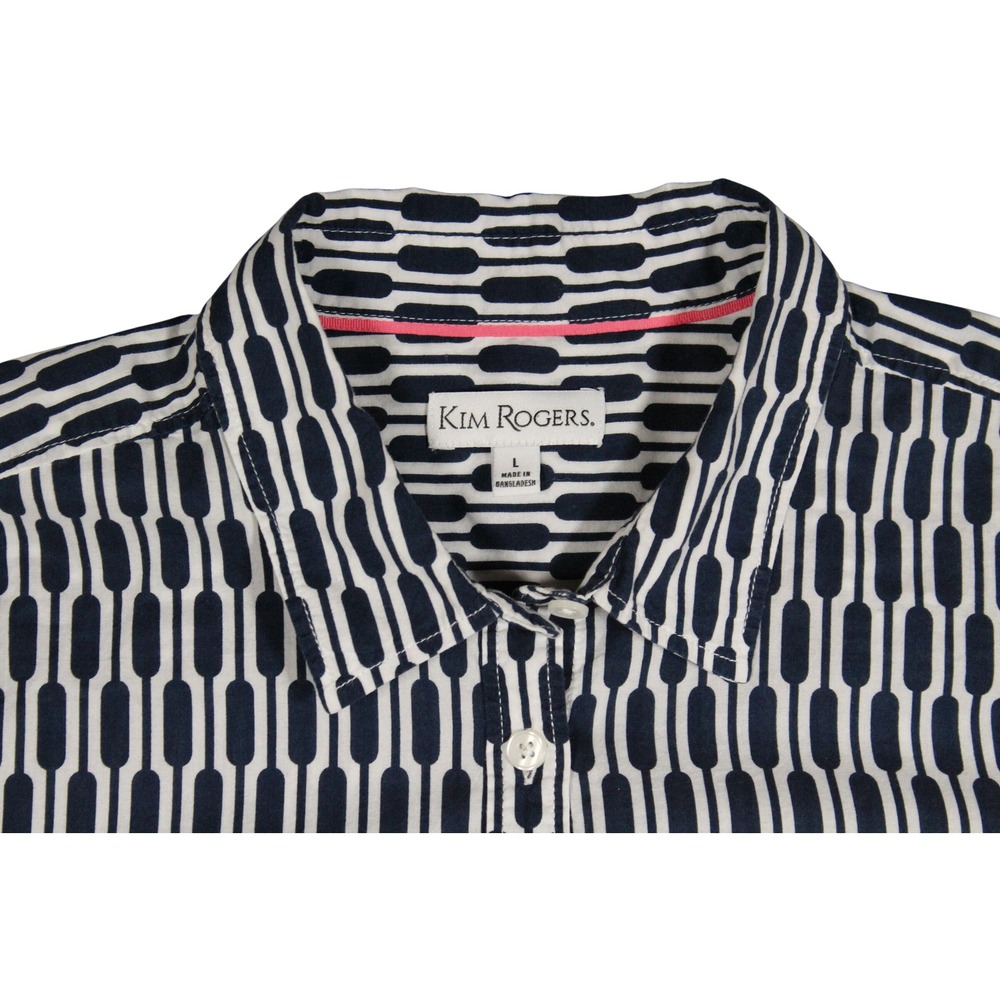 Kim Rogers Navy Blue White Geometric Link Print Cotton Button Up Shirt Womens L